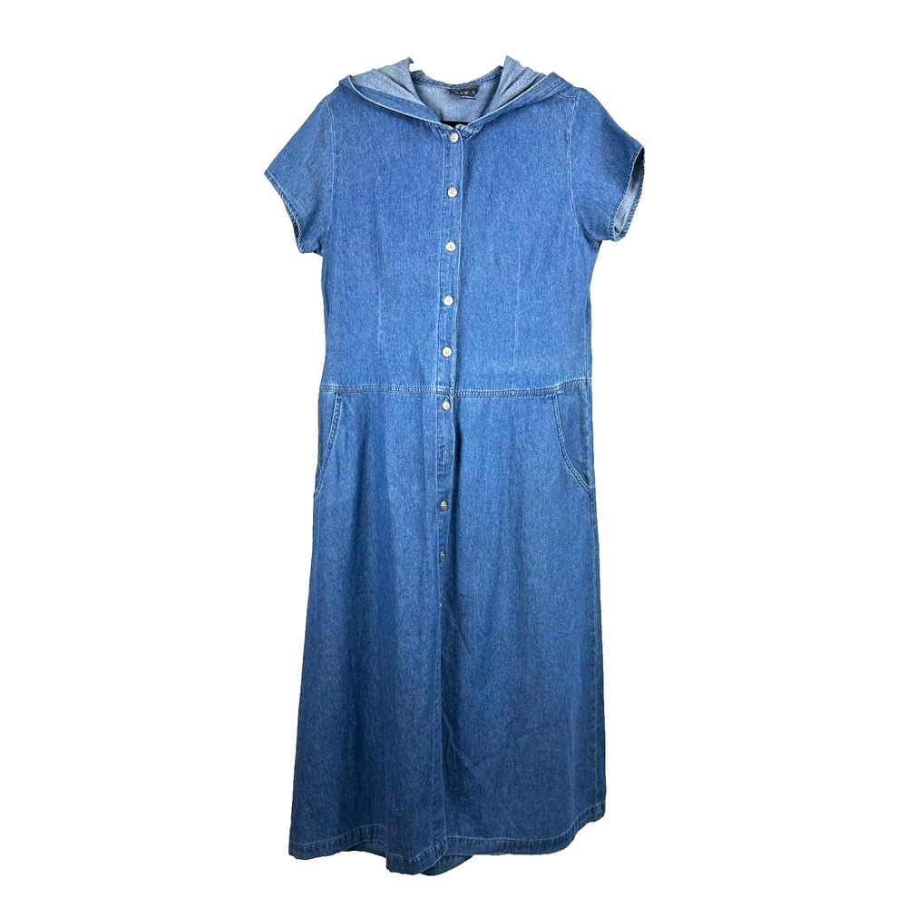 BLUE J.‎ Dress Womens Large Blue Hooded Button Front Midi Short Sleeve Cotton